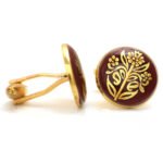 Hand Painted Golden Motif on Brown Cufflinks in Sterling Silver
