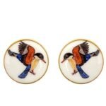 Hand Painted Exotic Birds Cufflinks in 92.5 Silver and White Enamel - Image 4