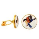 Hand Painted Exotic Birds Cufflinks in 92.5 Silver and White Enamel