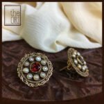 Garnet and Pearl Ethnic Studs in .925 Sterling Silver with Gold Plating. Size 20 mm