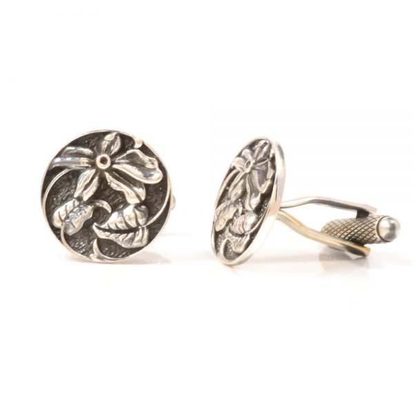 Antique Flower Design Cufflinks in Oxidized Silver