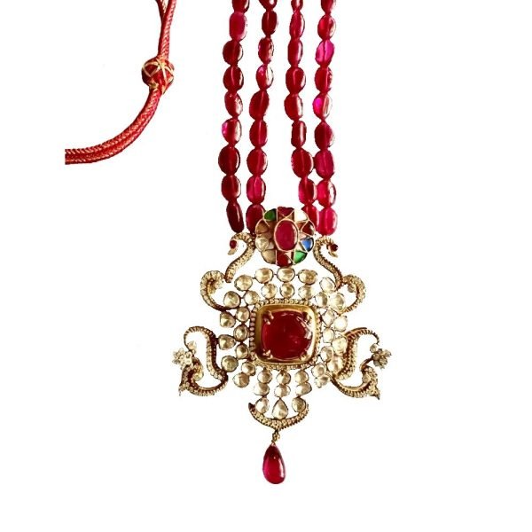 Necklace with Moissanite Diamond Polkis & Created Ruby beads