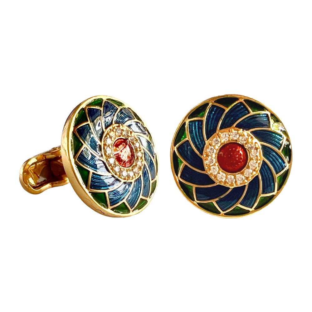 S1032 (1) Designer Red n Blue Enamel Floral Cufflinks - Image 1
