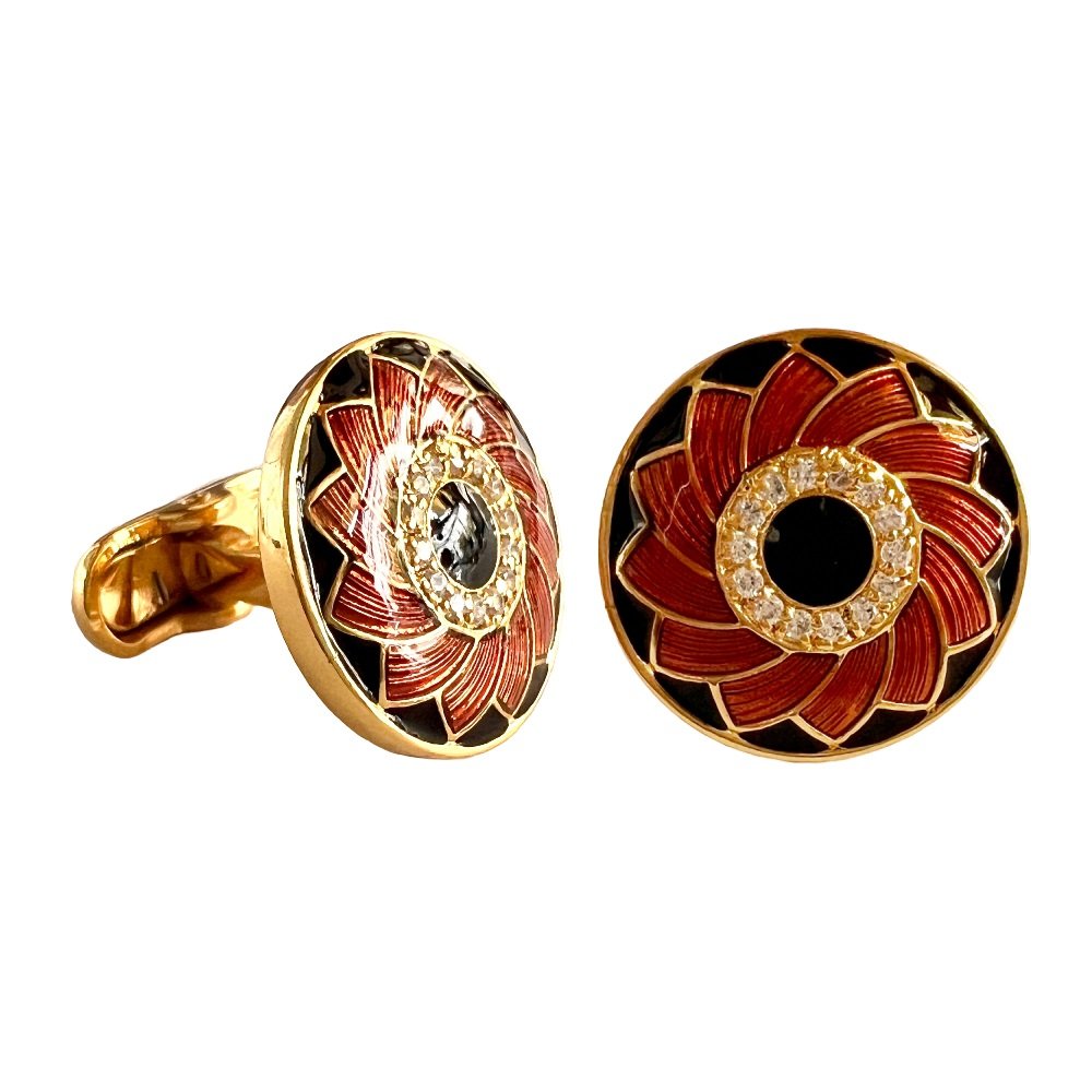S1033 (1) Designer Red n Black Enamel Floral Cufflinks - Image 1