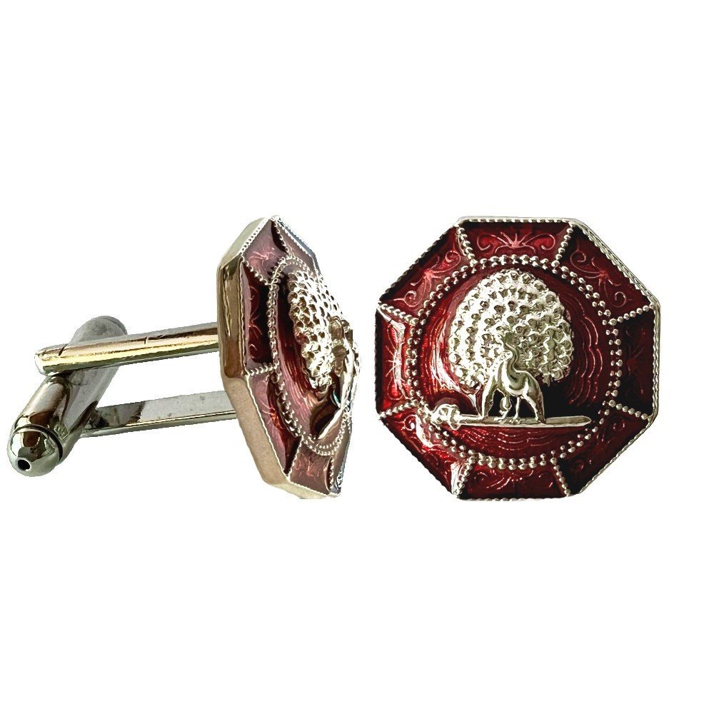 S1072C (1) Majestic Octagon Silver Mayoor Cufflinks - Maroon - Image 1
