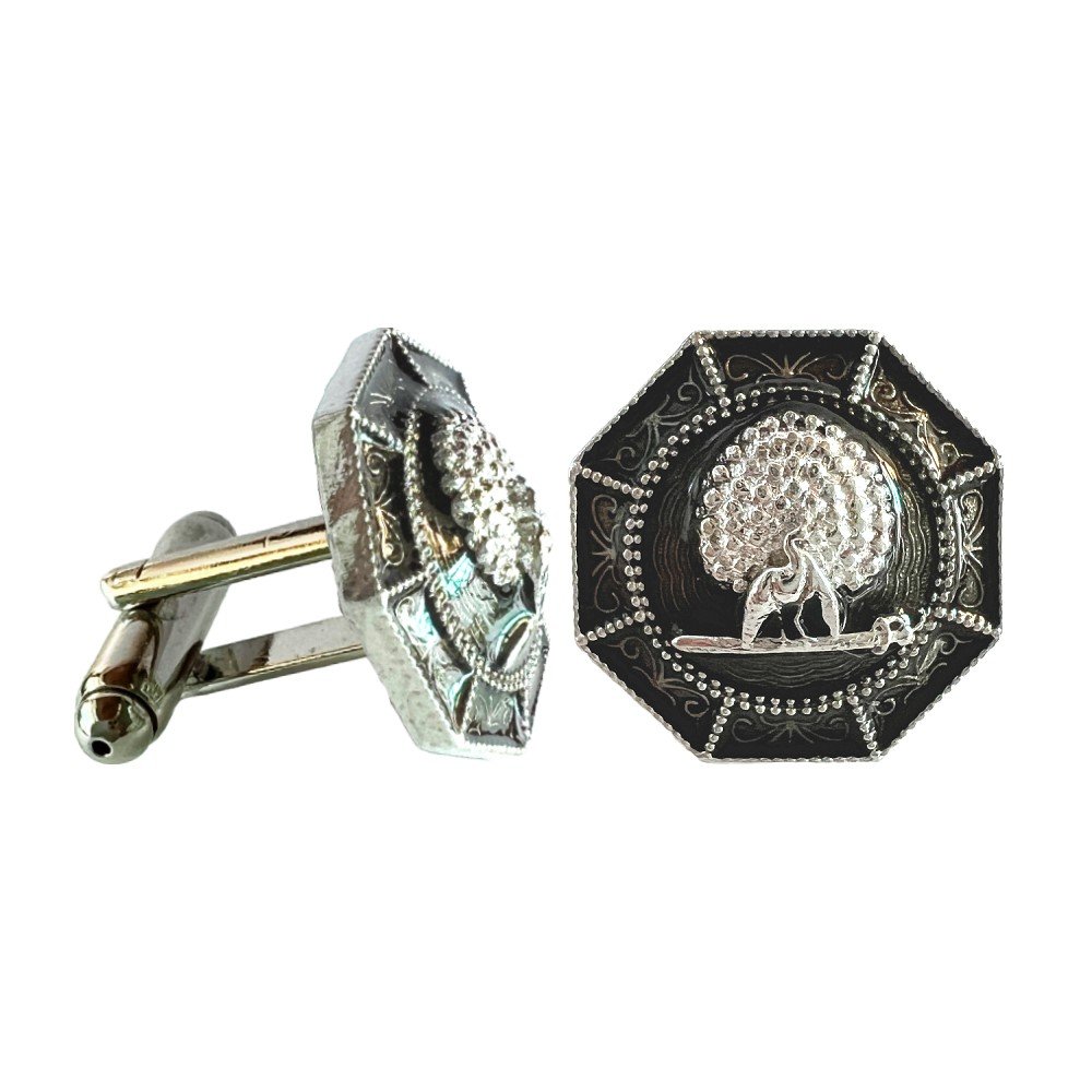 S1087C (1) Majestic Octagon Silver Mayoor Cufflinks - Smokey Enamel - Image 1