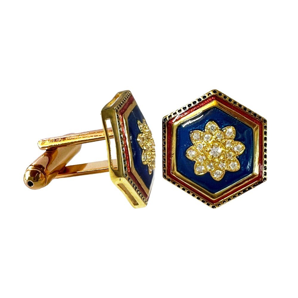 S1024C (1) Antique Hexagonal Cufflinks Blue and Burgundy Enamel - Image 1
